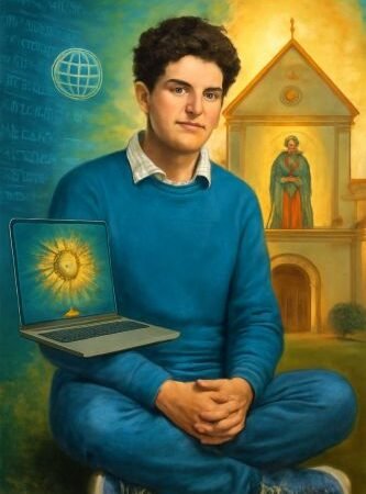 A figura central é Carlo Acutis um jovem de aparência moderna vestido com calça jeans tênis e um moletom azul cuja expressão serena e acolhedora transmite uma profunda fé e inteligência Ele representa a juventude contemporânea que encontra a santidade na vida cotidiana Ao seu redor diversos elementos simbólicos narram sua história e vocação À esquerda uma representação sutil do mundo digital com linhas de código e um globo em rede funde se à imagem aludindo ao seu apostolado na internet que lhe rendeu os títulos de padroeiro da internet e influenciador de Deus Em suas mãos um laptop projeta um ostensório simbolizando a exposição sobre Milagres Eucarísticos que ele mesmo catalogou e divulgou unindo a tecnologia à sua profunda devoção eucarística À direita o cenário remete à Capela Nossa Senhora Aparecida localizada em Campo Grande MS no Brasil Deste local emana um raio de luz quente representando o primeiro milagre reconhecido por sua intercessão a cura de um menino brasileiro Esse evento foi um passo fundamental para sua beatificação e o caminho para a canonização Ao fundo no horizonte a silhueta da Basílica de São Francisco em Assis na Itália marca o local onde seu corpo repousa conectando sua história à cidade de um de seus santos de maior devoção A paleta de cores é vibrante mesclando tons de azul e verde que representam a juventude e a era digital com o dourado e o branco que simbolizam a fé e a santidade A composição geral busca inspirar mostrando Carlo Acutis como um modelo de que é possível conciliar a vida moderna e a tecnologia com uma espiritualidade profunda destacando a importância do Brasil em sua trajetória