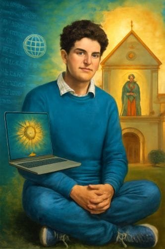 A figura central é Carlo Acutis um jovem de aparência moderna vestido com calça jeans tênis e um moletom azul cuja expressão serena e acolhedora transmite uma profunda fé e inteligência Ele representa a juventude contemporânea que encontra a santidade na vida cotidiana Ao seu redor diversos elementos simbólicos narram sua história e vocação À esquerda uma representação sutil do mundo digital com linhas de código e um globo em rede fundese à imagem aludindo ao seu apostolado na internet que lhe rendeu os títulos de padroeiro da internet e influenciador de Deus Em suas mãos um laptop projeta um ostensório simbolizando a exposição sobre Milagres Eucarísticos que ele mesmo catalogou e divulgou unindo a tecnologia à sua profunda devoção eucarística À direita o cenário remete à Capela Nossa Senhora Aparecida localizada em Campo Grande MS no Brasil Deste local emana um raio de luz quente representando o primeiro milagre reconhecido por sua intercessão a cura de um menino brasileiro Esse evento foi um passo fundamental para sua beatificação e o caminho para a canonização Ao fundo no horizonte a silhueta da Basílica de São Francisco em Assis na Itália marca o local onde seu corpo repousa conectando sua história à cidade de um de seus santos de maior devoção A paleta de cores é vibrante mesclando tons de azul e verde que representam a juventude e a era digital com o dourado e o branco que simbolizam a fé e a santidade A composição geral busca inspirar mostrando Carlo Acutis como um modelo de que é possível conciliar a vida moderna e a tecnologia com uma espiritualidade profunda destacando a importância do Brasil em sua trajetória Escola Stella Matutina A figura central é Carlo Acutis um jovem de aparência moderna vestido com calça jeans tênis e um moletom azul cuja expressão serena e acolhedora transmite uma profunda fé e inteligência Ele representa a juventude contemporânea que encontra a santidade na vida cotidiana Ao seu redor diversos elementos simbólicos narram sua história e vocação À esquerda uma representação sutil do mundo digital com linhas de código e um globo em rede funde se à imagem aludindo ao seu apostolado na internet que lhe rendeu os títulos de padroeiro da internet e influenciador de Deus Em suas mãos um laptop projeta um ostensório simbolizando a exposição sobre Milagres Eucarísticos que ele mesmo catalogou e divulgou unindo a tecnologia à sua profunda devoção eucarística À direita o cenário remete à Capela Nossa Senhora Aparecida localizada em Campo Grande MS no Brasil Deste local emana um raio de luz quente representando o primeiro milagre reconhecido por sua intercessão a cura de um menino brasileiro Esse evento foi um passo fundamental para sua beatificação e o caminho para a canonização Ao fundo no horizonte a silhueta da Basílica de São Francisco em Assis na Itália marca o local onde seu corpo repousa conectando sua história à cidade de um de seus santos de maior devoção A paleta de cores é vibrante mesclando tons de azul e verde que representam a juventude e a era digital com o dourado e o branco que simbolizam a fé e a santidade A composição geral busca inspirar mostrando Carlo Acutis como um modelo de que é possível conciliar a vida moderna e a tecnologia com uma espiritualidade profunda destacando a importância do Brasil em sua trajetória