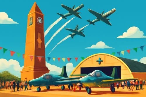 Esta imagem vibrante captura o espírito das comemorações do aniversário de 126 anos de Campo Grande unindo um marco histórico da cidade à emoção do evento Portões Abertos da Base Aérea No centro da composição um dos monumentos icônicos da Cidade Morena como o Obelisco ou o Relógio da Rua 14 de Julho ergue se como um símbolo da rica história e fundação do município Ao fundo o céu é cortado por caças da Força Aérea Brasileira FAB em plena exibição representando a tecnologia a força e a aguardada celebração aeronáutica que acontecerá no dia 23 de agosto A arte é uma fusão de tradição e modernidade celebrando a semana do aniversário da capital com a união de um evento que resgata a história e outro que olha para o futuro conectando a comunidade campo grandense com suas raízes e com o dinamismo da aviação militar