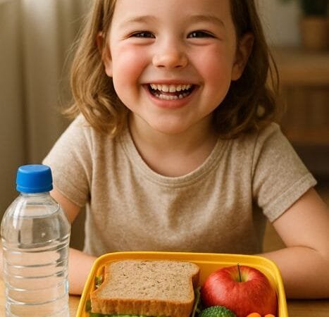 Descrição da imagem 916 realista Uma criança em idade escolar sorridente corada e visivelmente saudável em ambiente bem iluminado por luz natural Veste roupa casual confortável e segura uma lancheira aberta ou um recipiente transparente com lanches coloridos No recipiente aparecem itens simples e nutritivos fruta inteira bananamaçã vegetais em palitos cenourapepinotomatinhos um preparo assado caseiro muffincookie integral e um potinho com pasta homuscream cheese leve ou iogurte Sobre a mesa vê se uma garrafinha de água e ao fundo elementos escolares desfocados mochila cadernos reforçando o cenário de rotina de aula A composição transmite vitalidade bem estar e organização cores vivas dos alimentos pele saudável expressão de satisfação e luz suave destacando o conjunto Contexto dentro do artigo A imagem ilustra o objetivo central do guia como montar uma rotina de lanches e café da manhã que favoreça atenção memória e comportamento em sala com foco em alimentos minimamente processados frutas integrais proteínas leves e hidratação Representa as mensagens chave desenvolvidas ao longo dos tópicos Fundamentos café da manhã 3 em 1 integral + fruta + proteínalácteo lanches com fibra e proteína para evitar picos e quedas de energia e água como bebida padrão Necessidades por faixa etária 415 anos adaptação das porções e variedade diária frutas hortaliças laticínios integrais proteínas magras Princípios de montagem praticidade segurança térmica e estrutura simples para dias letivos Cronograma mensal 20 dias de sugestões equilibradas variando dificuldade durabilidade nutrientes e impacto no foco Ajustes práticos substituições acessíveis batch cooking de domingo controle de custos até R$6dia e uso de itens a granel Estratégias familiares e escolares planejamento lancheira térmica políticas nutfree participação da criança e comunicação com a escola Box científico priorizar o hábito do café da manhã e padrões alimentares de qualidade ômega3 como apoio especialmente em TDAH evitando promessas milagrosas Apêndice medidas caseiras listas de compras e roteiro de preparo para transformar o plano em rotina viável Em suma a foto comunica visualmente o resultado prático do artigo criança bem alimentada feliz e pronta para aprender com uma lancheira simples colorida e nutritiva montada a partir de orientações realistas para o dia a dia escolar