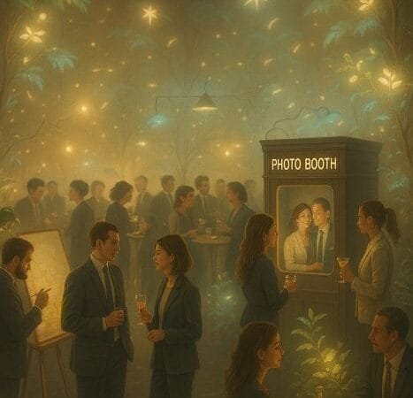 Confraternização corporativa com estações de comida bar de mocktails e photobooth sob luz morna cena 11 centralizada em canvas 916