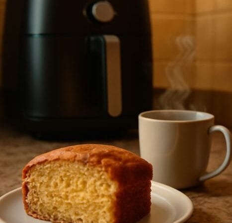 Uma fatia generosa de bolo dourado e úmido ocupa o primeiro plano sobre uma bancada de cozinha com cobertura suave e textura macia que convida à mordida Ao fundo uma air fryer moderna está posicionada discretamente sugerindo que o bolo acabou de sair de lá ainda com aquele aspecto caseiro e recém assado Ao lado uma xícara de café fumegante libera um delicado fio de vapor compondo uma cena acolhedora e perfumada A iluminação suave valoriza os tons quentes do bolo e o brilho da cobertura enquanto a proporção vertical 916 destaca a profundidade da bancada e o enquadramento elegante da cozinha O conjunto transmite conforto frescor e apetite perfeito para um momento de pausa com café e bolo recém feito