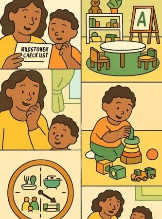 Visual vertical limpo e acolhedor em quatro cenas empilhadas que contam a jornada observarpersonalizarrotinaagir no desenvolvimento infantil em casa Topo Marcos e observação mãe pai ajoelhadoa ao nível dos olhos do bebê checklist simples em mãos ícones de fala mão blocos passos e setas sutis indicando progresso tons suaves e luz natural entrando pela janela Segundo quadro Ambiente preparado sala minimalista com prateleiras baixas poucos e bons brinquedos rotacionados blocos livros massinha tapete definindo o espaço de trabalho etiquetas com pictogramas e banquinho junto à pia Terceiro quadro Rotina que educa família em momentos cotidianos refeição sem telas leitura em voz alta à noite brincadeira ao ar livre pequenos ícones de relógio marcam previsibilidade Base Quando agir close sereno do responsável consultando o celular com checklist de marcos e um balão hora de conversar com o pediatra seta discreta para um consultório ao fundo clima de confiança Paleta cores quentes e calmas terracota verde sálvia azul suave traço ilustrado moderno Tipos de ícone claros sem poluição visual Mensagem geral Observe prepare o lar crie rotina aja cedo com afeto e simplicidade
