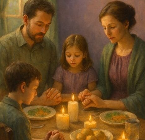 A imagem mostra uma família reunida à mesa do jantar em um ambiente doméstico aquecido por luz amarela suave que cria sensação de acolhimento e reverência No centro a mesa está simples e arrumada com alimentos básicos e uma vela acesa sugerindo um momento de oração antes da refeição Os pais estão com as mãos unidas ou pousadas sobre a mesa cabeças levemente inclinadas enquanto as crianças imitam o gesto com atenção serena Ao fundo elementos discretos evocam o tema litúrgico tons sutis de roxovermelhobranco em pequenos detalhes guardanapo vela toalha remetendo ao calendário da Igreja O enquadramento vertical 916 reforça a intimidade do espaço com foco no círculo familiar e na prática simples da fé no lar a Igreja doméstica num clima de domingo roupas cuidadas mesa caprichada e um silêncio respeitoso que antecede a oração