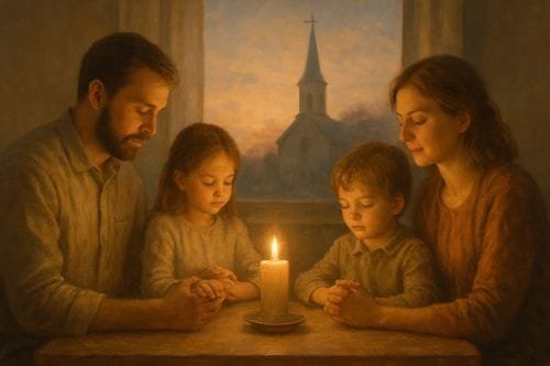 Uma família reunida ao entardecer no interior do lar em torno de uma mesa simples mãos dadas em oração enquanto uma luz quente ilumina suavemente o ambiente sugerindo acolhimento e paz Ao fundo pela janela vê se a silhueta de uma igreja simbolizando fé tradição e a ligação entre a casa e a comunidade Os pais estão lado a lado formando uma frente unida e as crianças observam com atenção evocando educação do coração transmissão de valores e a continuidade do amor no cotidiano A cena combina afeto unidade e sentido de propósito como um farol doméstico que guia para a esperança e a plenitude