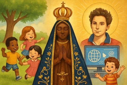 Esta imagem é uma composição visual que celebra os três grandes eventos do dia 12 de outubro no Brasil No centro destacase a figura de Nossa Senhora Aparecida padroeira do país simbolizando a fé e o feriado nacional Ao seu redor a alegria do Dia das Crianças é representada por elementos lúdicos e infantis Completando a tríade uma imagem fiel e realista do Beato Carlo Acutis homenageia o jovem cuja trajetória de santidade foi marcada por um milagre ocorrido nesta mesma data em solo brasileiro unindo tradição celebração popular e fé contemporânea Escola Stella Matutina Esta imagem é uma composição visual que celebra os três grandes eventos do dia 12 de outubro no Brasil No centro destaca se a figura de Nossa Senhora Aparecida padroeira do país simbolizando a fé e o feriado nacional Ao seu redor a alegria do Dia das Crianças é representada por elementos lúdicos e infantis Completando a tríade uma imagem fiel e realista do Beato Carlo Acutis homenageia o jovem cuja trajetória de santidade foi marcada por um milagre ocorrido nesta mesma data em solo brasileiro unindo tradição celebração popular e fé contemporânea