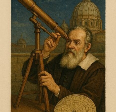 Ilustração vertical 916 com Galileu segurando um telescópio diante da cúpula de São Pedro ao fundo um planisfério centralizado em moldura 11