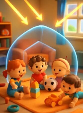 A imagem mais recente representa um ambiente doméstico acolhedor em formato vertical 916 e com estética de animação lúdica à la brinquedos sem usar personagens de marcas Quatro crianças brincam juntas no chão da sala algumas com brinquedos comprados carrinhos blocos coloridos um robozinho simpático outras com um brinquedo artesanal um boneco de pano e um cavalinho de madeira A cena transmite calor e segurança com luz suave entrando pela janela e cores quentes no ambiente Acima delas um grande guarda chuva protetor estilizado como um escudo de cuidado cobre a área de brincadeira Do lado de fora raios de luz simbolizando riscos digitais e exposições indesejadas se chocam contra o guarda chuva e desviam sem nunca atingir as crianças Não há telas roteadores ou ícones de aplicativos visíveis a casa está visualmente offline enfatizando o foco na brincadeira real e no convívio Os materiais dos brinquedos têm texturas variadas plástico brilhante madeira fosca tecido macio e os rostos das crianças têm traços expressivos e amigáveis reforçando a ideia de alegria tranquila Pequenos detalhes de cenário como uma estante com livros infantis um tapete macio e uma caixa de brinquedos reforçam a mensagem de infância preservada A paleta equilibra tons quentes amarelos e laranjas com acentos de azulturquesa no guarda chuva e no robozinho criando contraste de proteção e serenidade Em resumo crianças em convivência real brincando com simplicidade protegidas por um guarda chuvaescudo que desvia os riscos externos numa casa sem internet visível com clima afetuoso e seguro