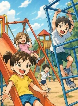 Esta é uma ilustração em estilo mangá que retrata crianças se divertindo em um parquinho infantil A imagem apresenta as características típicas da arte japonesa com Elementos visuais do mangá Traços limpos e expressivos característicos do estilo japonês Personagens com olhos grandes e expressivos Cores vibrantes e contrastes marcantes Composição dinâmica que transmite movimento e alegria Cena do parquinho Crianças brincando em diferentes brinquedos do playground Ambiente ao ar livre com elementos lúdicos coloridos Atmosfera de diversão e descontração Representação de um espaço seguro e acolhedor para recreação infantil Conexão com o contexto A imagem complementa perfeitamente a discussão sobre espaços kids e locais family friendly em Campo Grande ilustrando visualmente o conceito de áreas de recreação infantil que proporcionam diversão segura às crianças enquanto os pais podem relaxar Representa exatamente o tipo de ambiente que os estabelecimentos mencionados no artigo buscam oferecer um espaço onde as crianças podem brincar livremente desenvolvendo suas habilidades sociais e motoras em um ambiente supervisionado e divertido A escolha do estilo mangá adiciona um toque moderno e atrativo à representação tornando a imagem apelativa tanto para crianças quanto para pais que buscam opções de lazer familiar na cidade