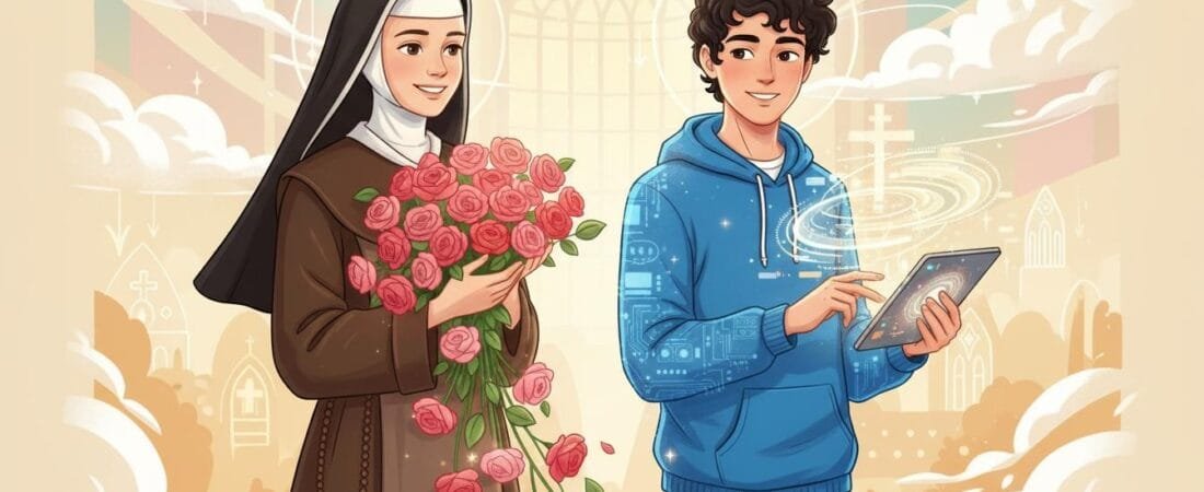 Ilustração vertical 916 de Santa Teresinha com rosas ao lado de um jovem devoto ligado à internet ambos centralizados e sorridentes em cores vivas